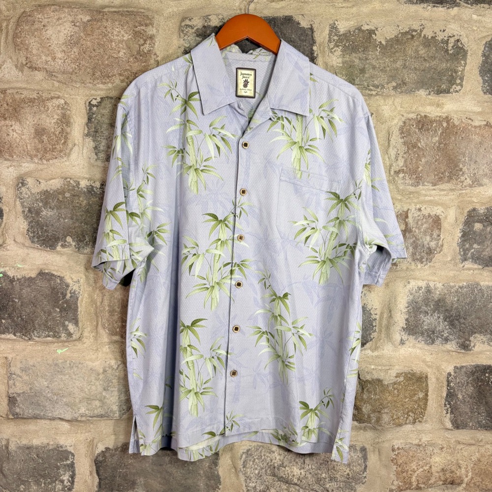 Jamaica Jaxx Men's Large 100% Silk Bamboo Print Short Sleeve‎ Button Up Shirt